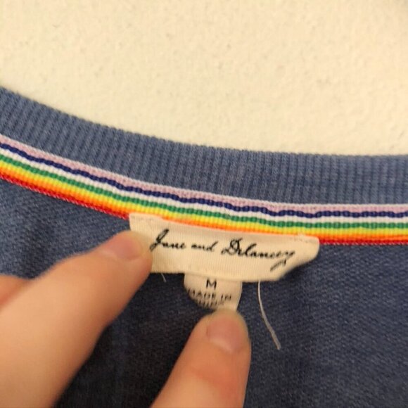 JANE AND DELANCEY Solid Blue Rainbow Shoulder Stripe Gay Pride Month Pride Top M - Picture 6 of 10